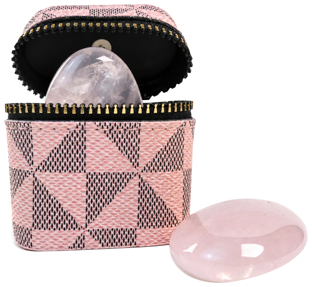 An open pink-pattern round pouch holds a pale-pink Rose Quartz stone, with another stone in front.