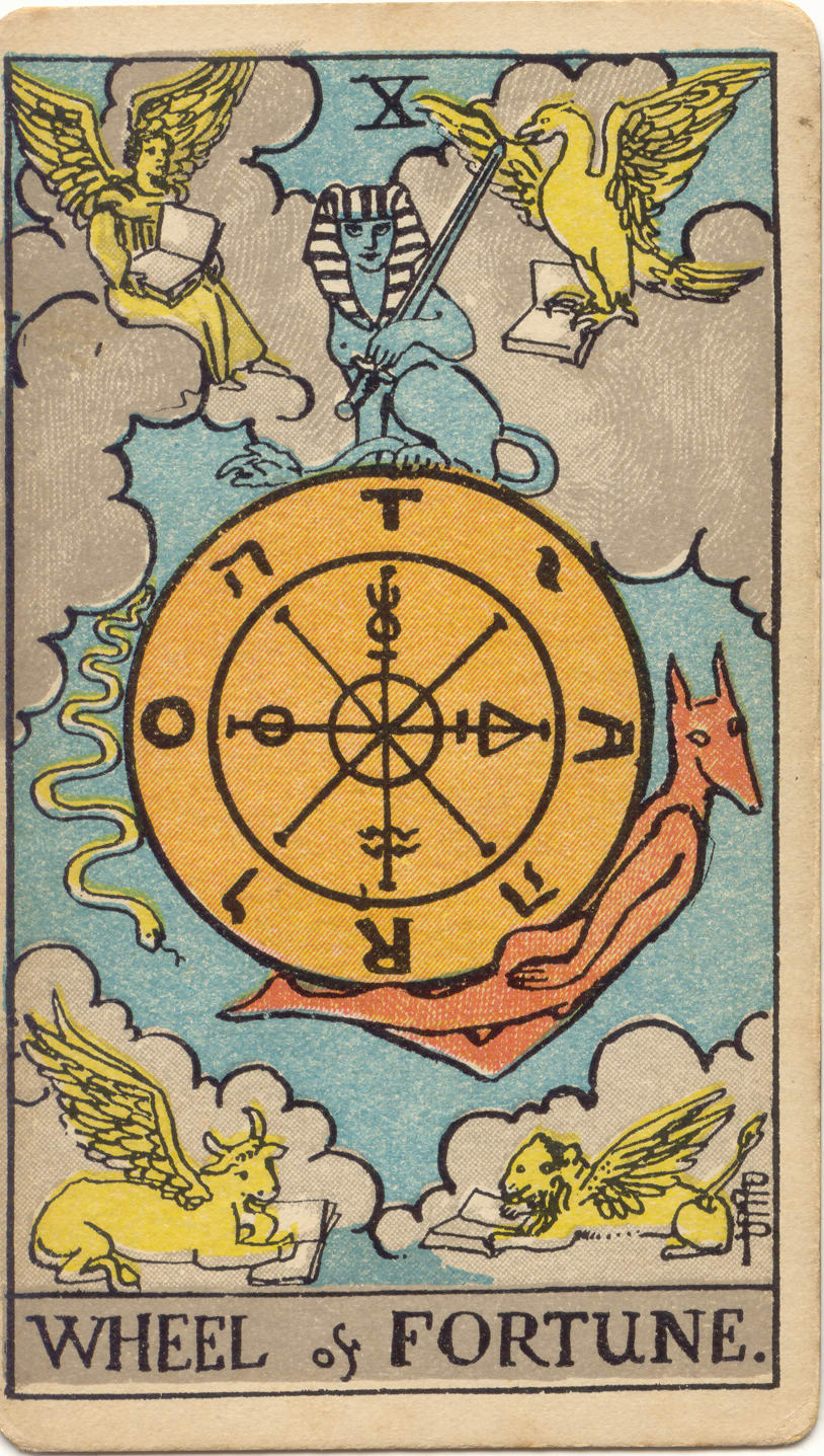 Upright Major Arcana card 10, Wheel of Fortune
