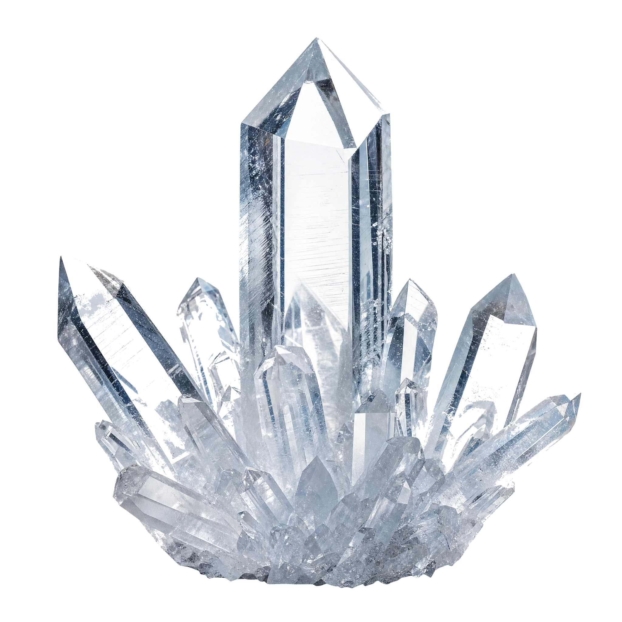 Reference illustration: natural clear quartz cluster with multiple transparent hexagonal points.