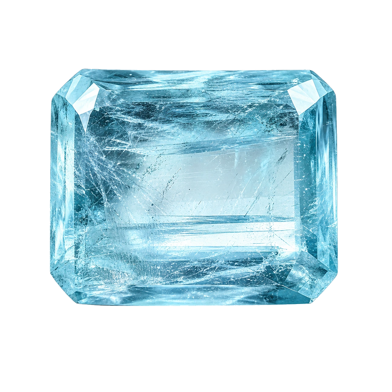 Reference illustration: grouped rough aquamarine beryl crystals with pale blue hexagonal prisms and matrix.