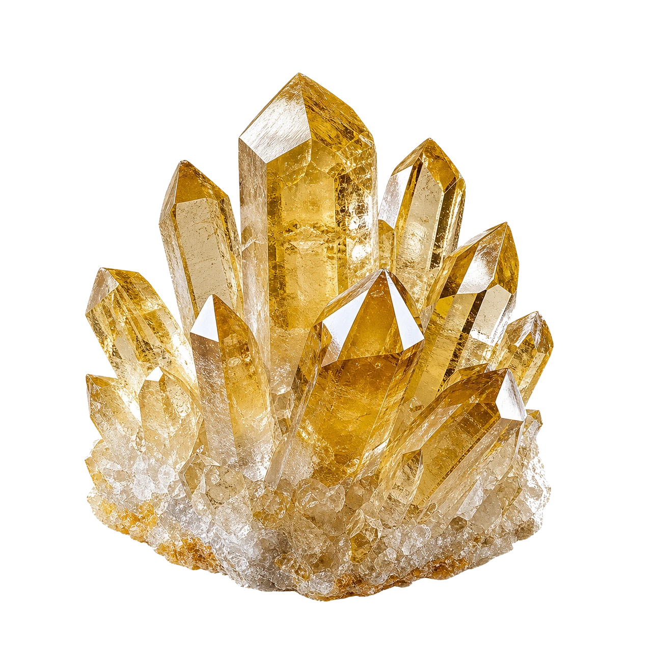 Reference illustration: grouped rough citrine quartz points in pale champagne and honey-yellow tones.