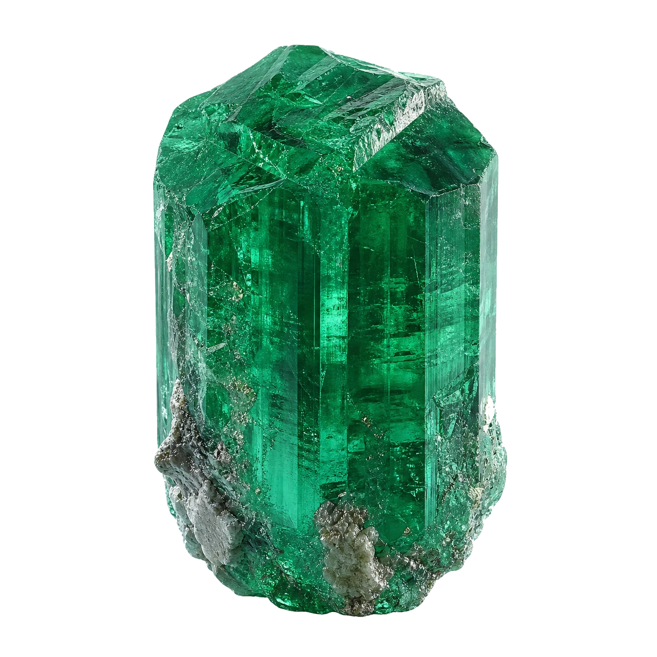 Reference illustration: grouped natural rough emerald crystals with included green hexagonal beryl prisms in matrix.