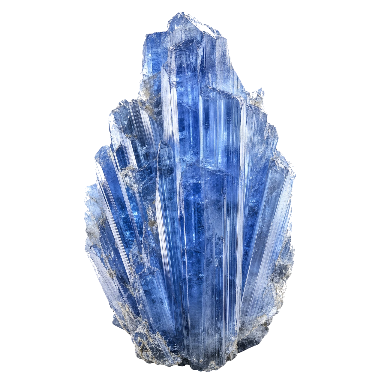 Reference illustration: natural blue kyanite blades in a radiating cluster with pale matrix.