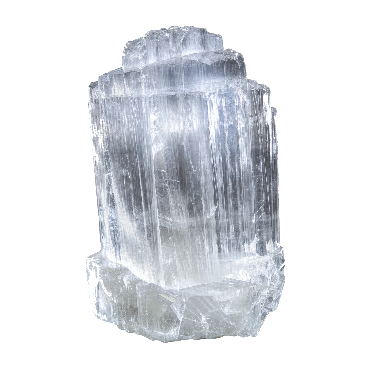 Reference illustration: grouped rough satin spar gypsum blades with white fibrous structure and silky translucency.