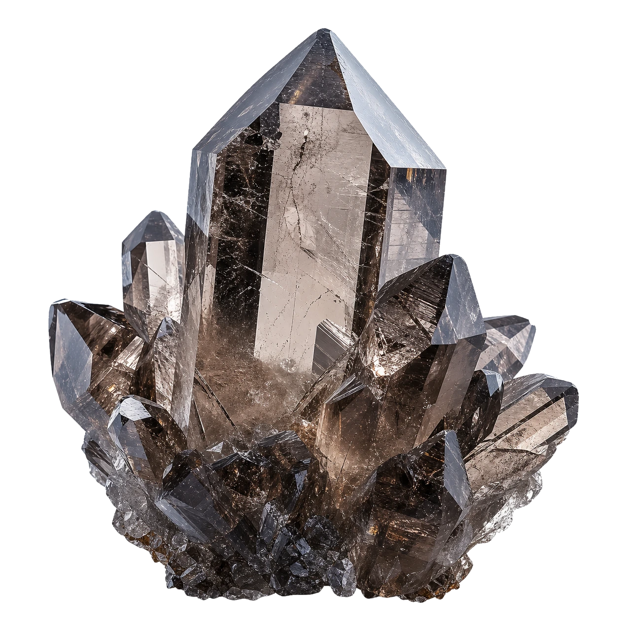 Reference illustration: natural smoky quartz cluster with translucent brown prismatic points.