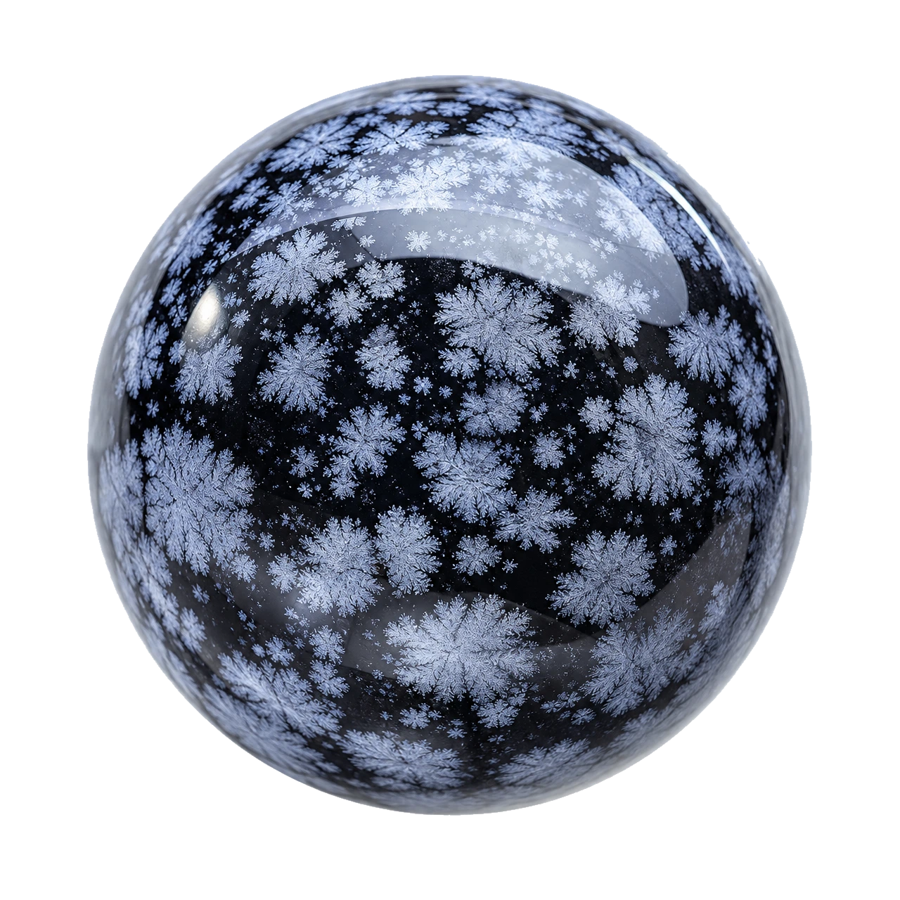 Reference illustration: grouped rough snowflake obsidian with pale gray spherulites in black volcanic glass.