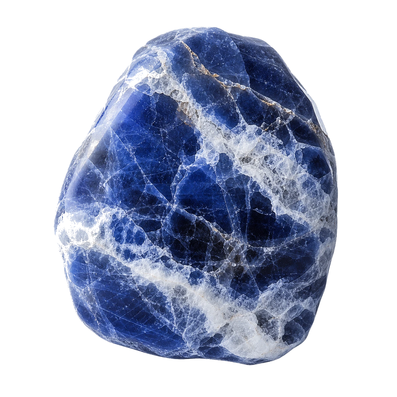 Reference illustration: grouped rough sodalite with deep blue massive material and white calcite veining.